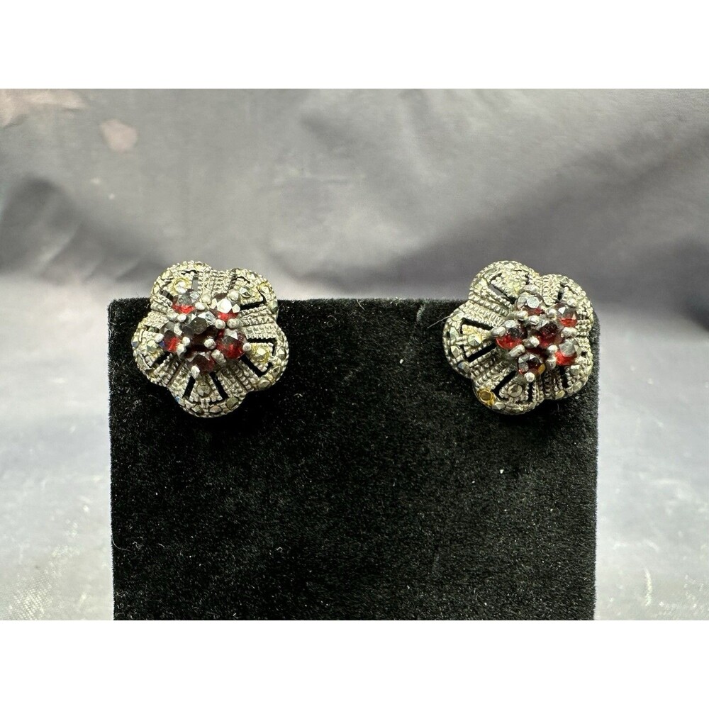 Sterling Silver 925 Marcasite and Garnet Earrings Stud Back